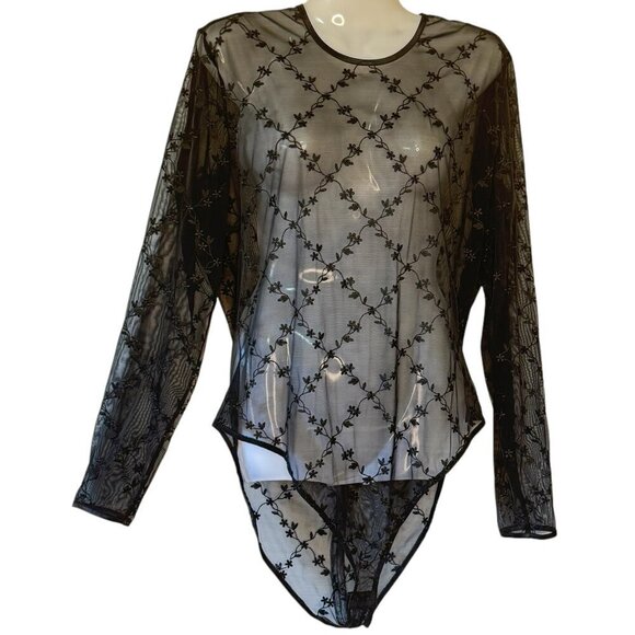 Fairygoth Bodysuit Sheer Black with Diamond Ivy Print Jewel Neck Long Sleeve  L - Picture 1 of 6